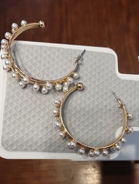 Gold Hoop Earrings with White Pearls - Women Jewelry